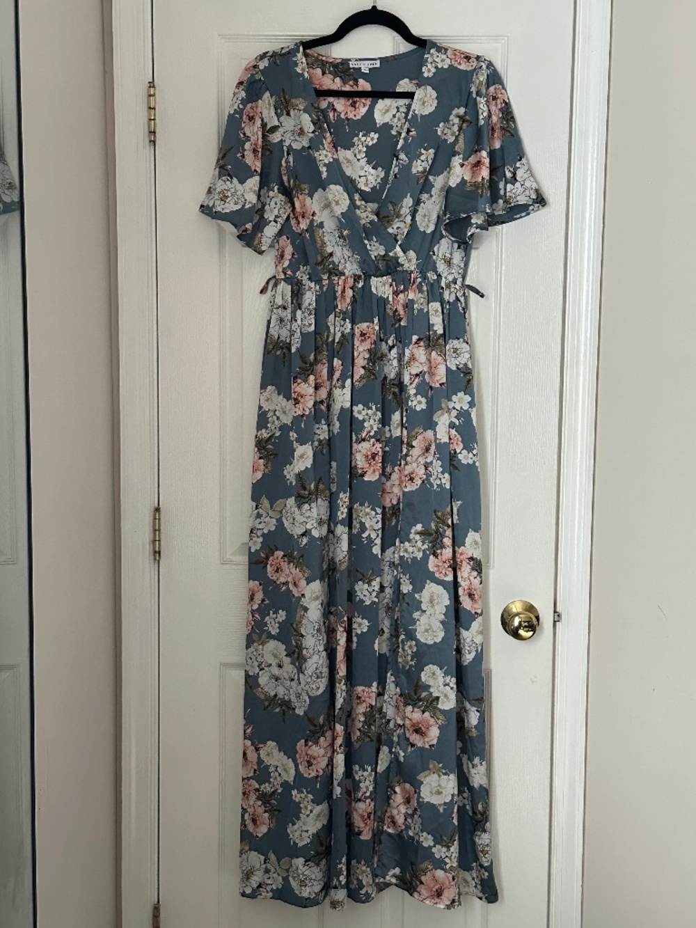 Baltic Born Sicily Blue Floral Maxi Dress Large Wrap High Slit Lined Satin